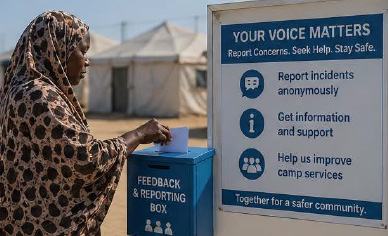 A woman in a refugee camp places a note in a feedback and reporting box, beside a sign reading Your Voice Matters.