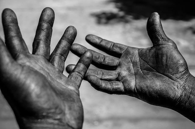 Close-up of a labourer&rsquo;s two open hands, palms up, the skin deeply lined and darkened with work.