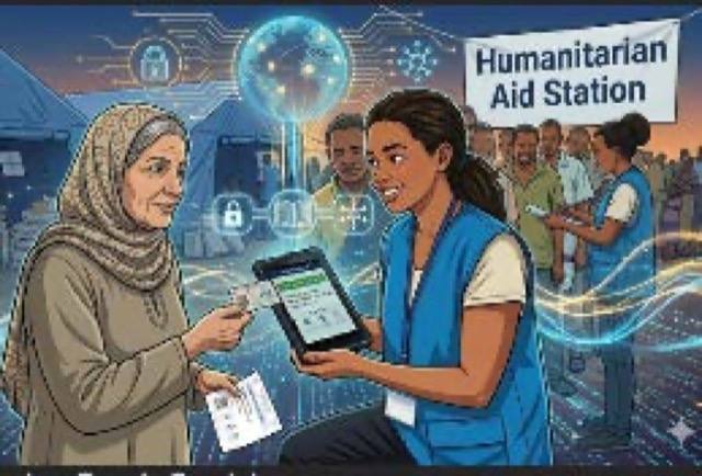 Illustration of an aid worker with a tablet assisting a woman at a humanitarian aid station, overlaid with digital network motifs.